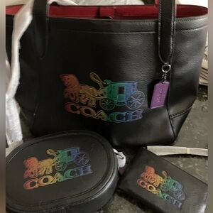 NWT! Coach 4 piece leather Rainbow horse and carriage tote set